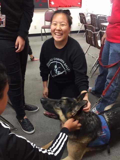 Sophomore+Serena+Park+makes+friends+with+therapy+dog+German+Shepherd+Lucien.+Photo+by+Ms.+Barclay