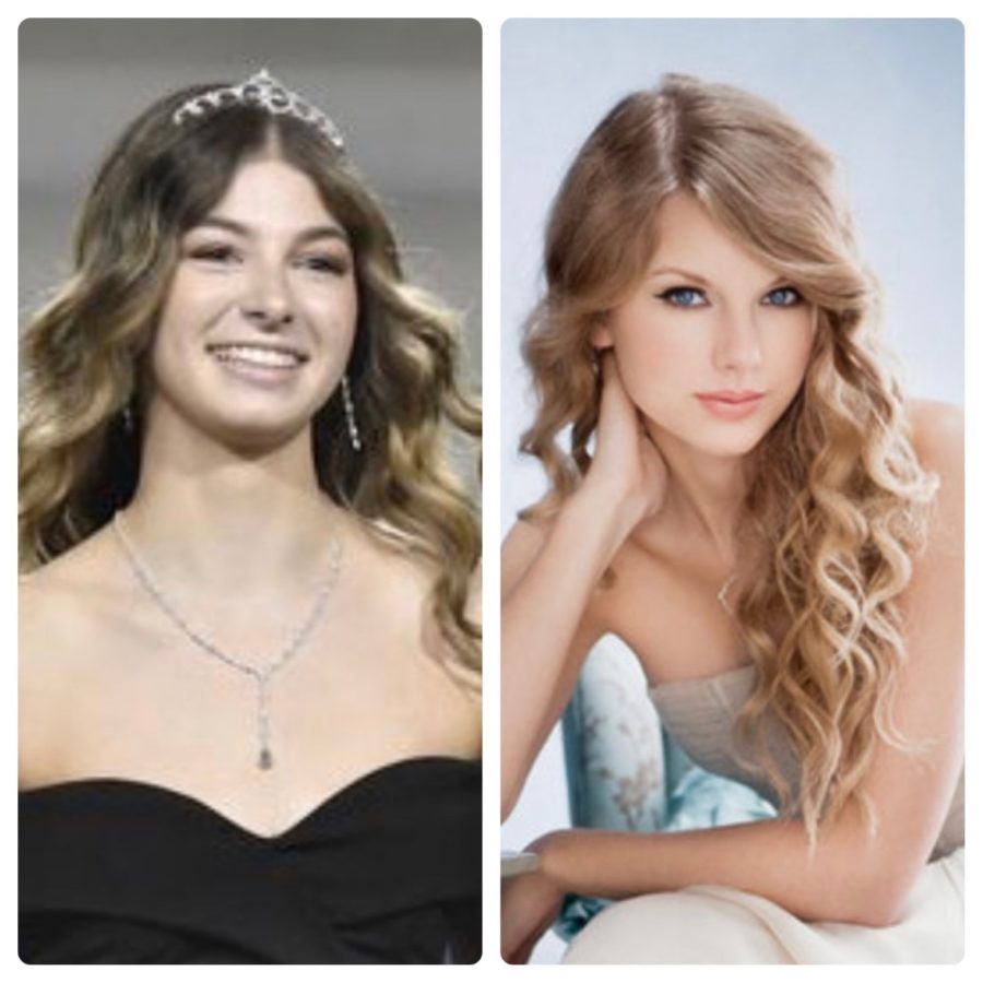 A side-by-side comparison of Keira and her pop star lookalike, Taylor Swift. 