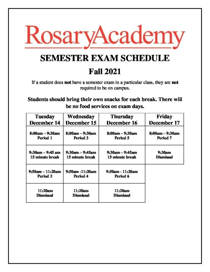 Rosary Academy's final's week schedule sent out in an email to the student body. 