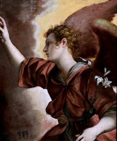 Pietro Candido masterfully paints the Anunciation Angel. Photo via Google under the Creative Commons license.