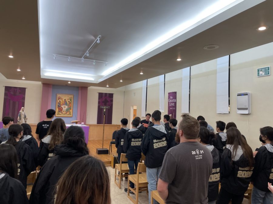 The entire retreat group ending the day off with mass in the Servite chapel. 