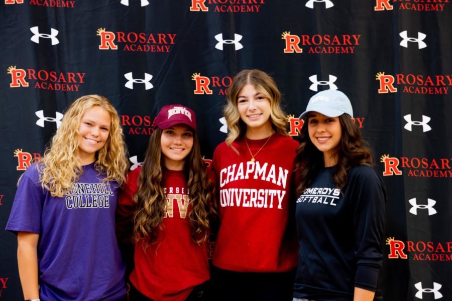 Left to right: Delaney  Mihelich '22, Elizabeth Harita '22, Keira Sarni '22, and Lanna Martinez '22 posing in their college gear. (Photo Credit: Jessica Hermosillo '14)
