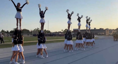 Rosary Cheer kicks off the first game with great energy and big smiles as their stunts hit. (Photo Provided by @rosarycheerleading on Instagram)