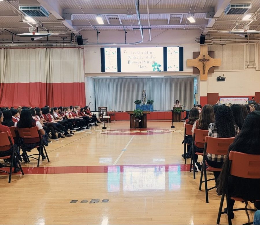 Rosary Academy gathers to celebrate mass for Mary. (Photo credit: Coach Jess)