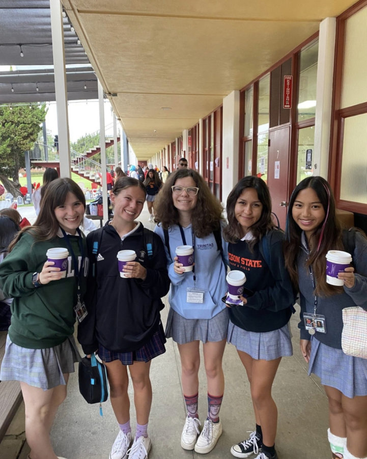 Seniors smile with their free Coffee Bean mochas on Crazy-about-being-drug-free Tuesday.