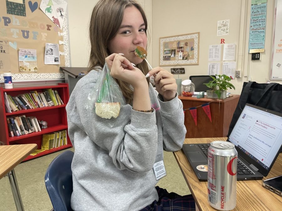 Trista Vernes most recent food combination is to eat a caramel apple lollipop then take a sip of diet coke. (Photo Credit: Julianna Ortiz)