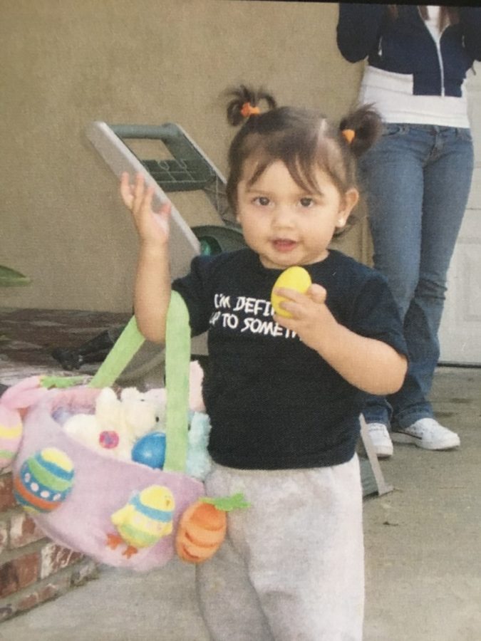 As the shirt says, baby me is definitely up to something while hunting for Easter eggs.