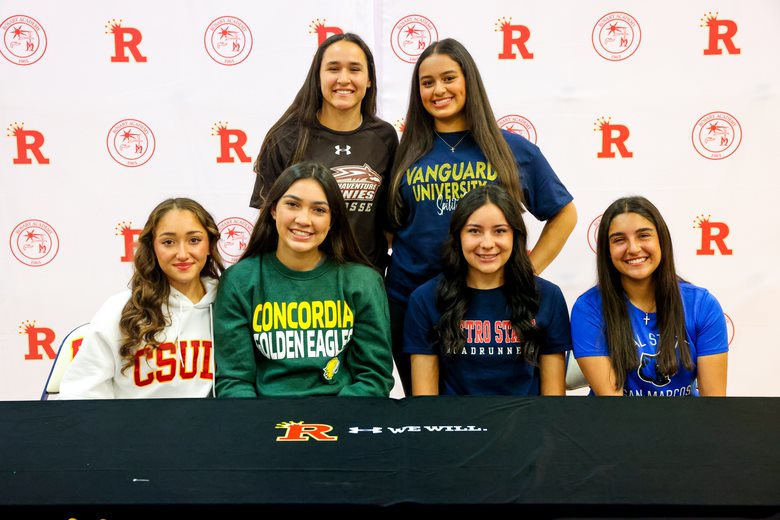 Left to Right, Top Row: Ava Acuna, Victoria Gomez Bottom Row: Anahi Pintado, Ava Dominguez, Natalie Romero, Taylor Gomez in their college gear.