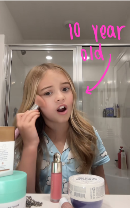 Heres a ten year old showing the camera all her products while applying them. 