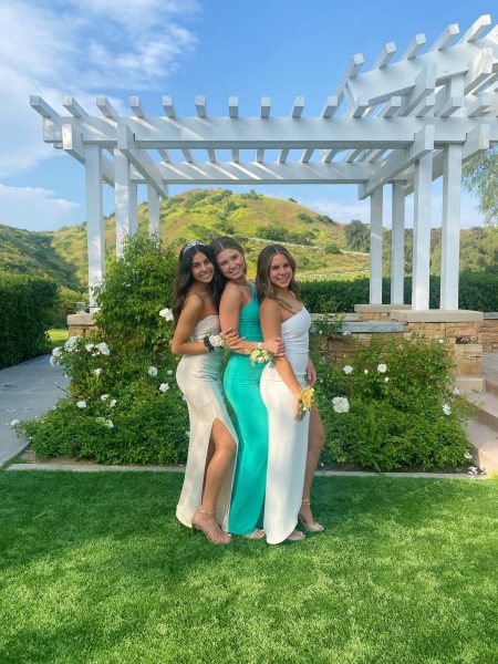 Paloma Borsari 24, Lily Curtis 24, and Briana Reyes 24 all pose for a picture in their Revolve dresses.