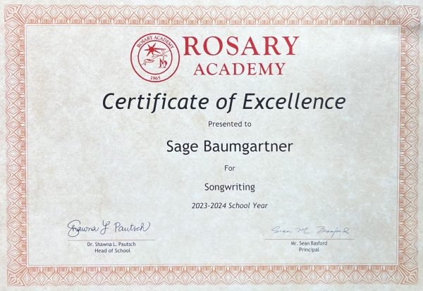 The Certificate of Excellence for Songwriting was awarded to Sage Baumgartner 24.