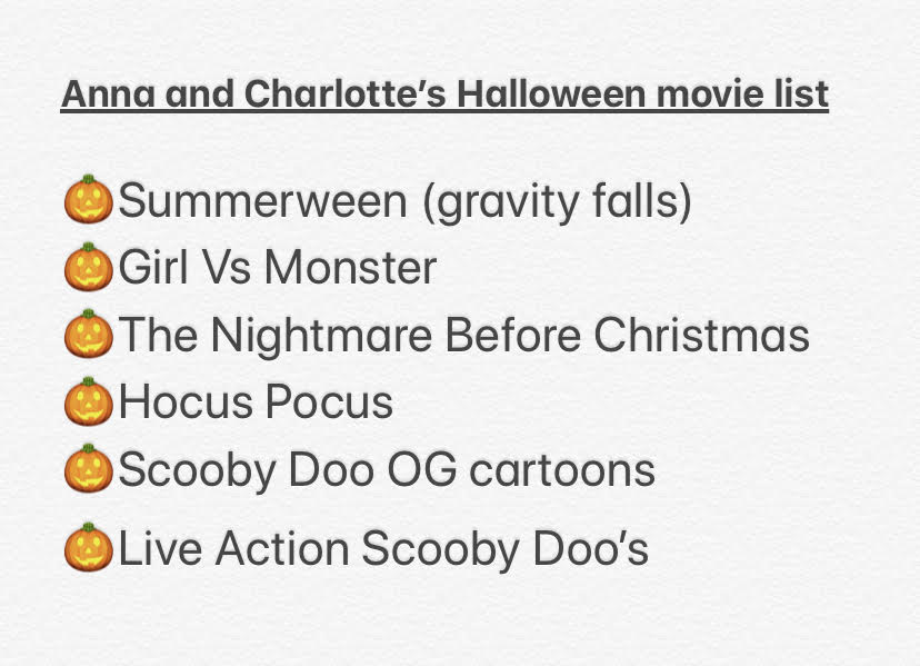 Anna and Charlotte's spooky movie night list shown above. 