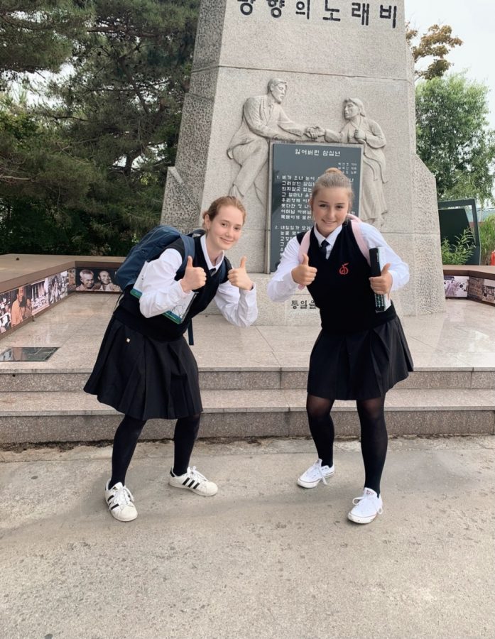 Lauren and a friend getting ready to perform at the Korean   Demilitarized Zone (DMZ) on the Korean Penninsula.