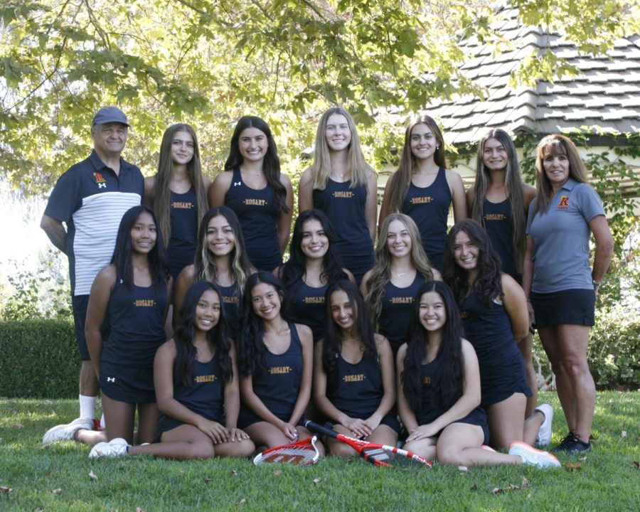 Rosary's Varsity Tennis team smiles for the camera.