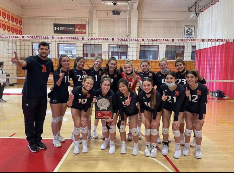 The volleyball celebrates a win because they are going to CIF. Photo provided by Joanna Ciudad '23.