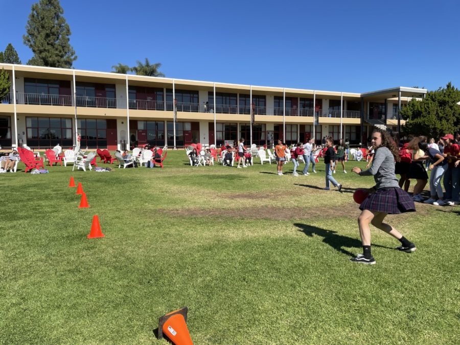 Allison Clark '24 taking her shot to get a senior out in the dodgeball game.