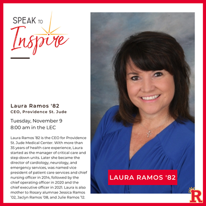 Laura Ramos '82 on the cover for one of Rosary's Speak to Inspire.