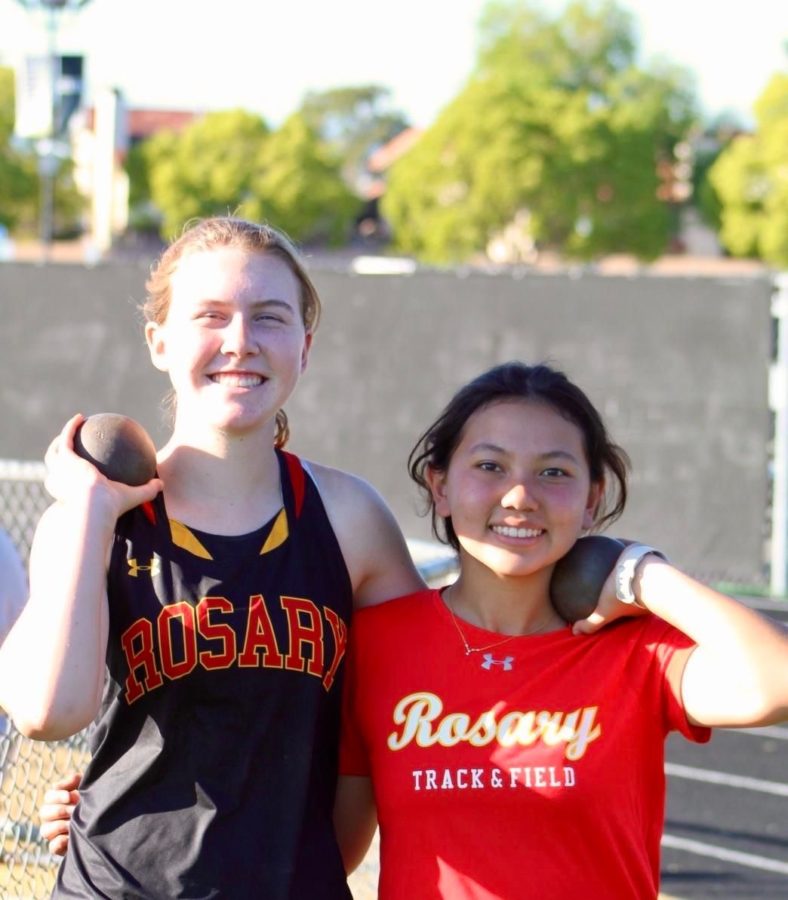 Kristen Hayward '24 and Sara Garcia '24, two of the shot-putters on the track team.