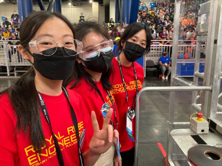 Katie Fang '22, Stephanie Li '22, and Yoonseo Lee '23 are ready to take on another match!
Photo by Anna Jordan