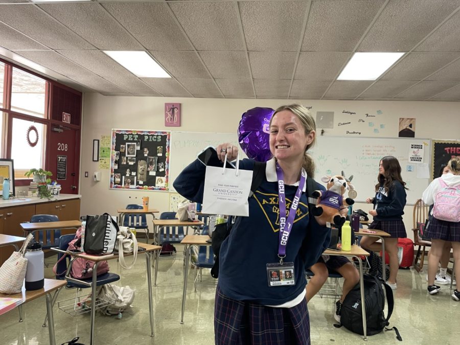 Morgan Brkich '23 with her goody bag GCU sent to Rosary for her acceptance!