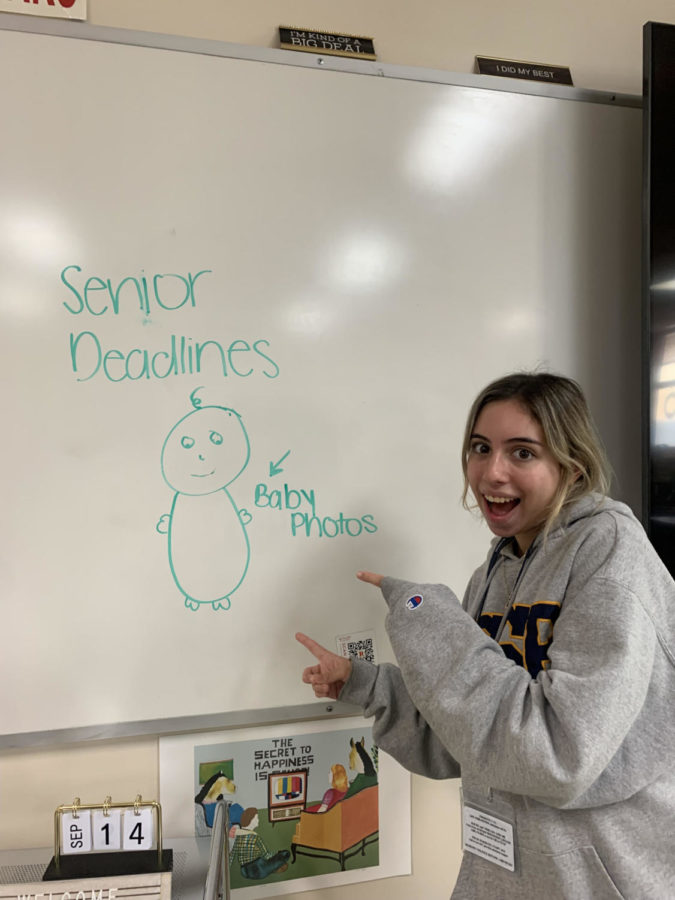 Kathleen Martinez '23 reminding you to turn in your senior quotes and baby photos.