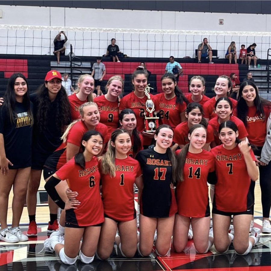 The varsity volleyball team after winning second at a tournament. 