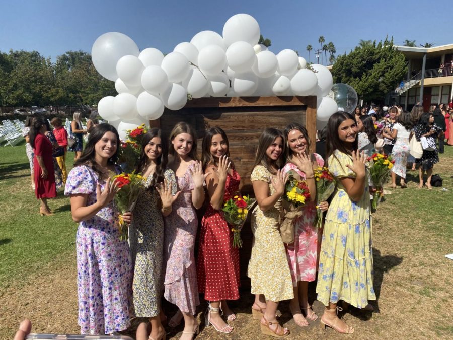 From left to right: Sarah Quiros '24, Paloma Borsari '24, Lily Curtis '24, Aundrea Velazquez '24, Briana Reyes '24, Jeanna Sheremetta '24, Ava Fishman '24. These girls looked fabulous in their dresses with their dainty little heels. 
