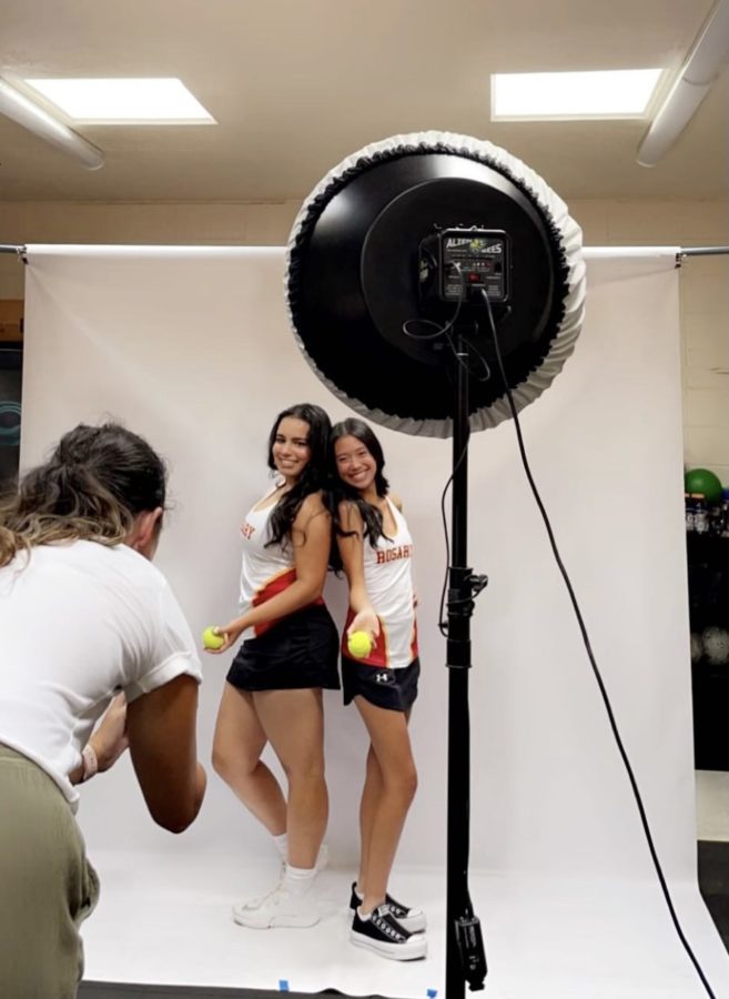 The tennis captain duo serving at media day. (Photo provided by: Sydney Rosario)