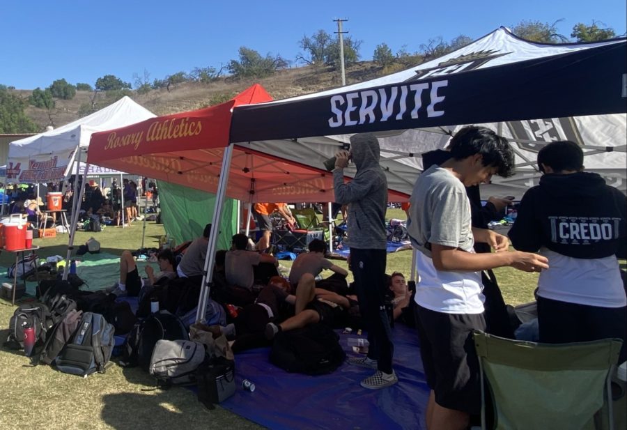 Servite's and Rosary's tents at the Mt. Sac Invitational race. 