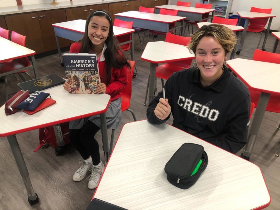 APUSH students Megan Martinez '24 and Sage Baumgartner '24 tackle every APUSH LEQ or DBQ with a smile!