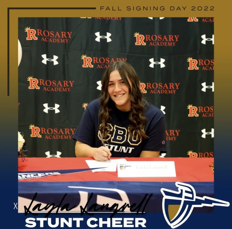 Senior Layla Langrell signs her commitment to California Baptist University's STUNT program. (Photo from @rosarysports on Instagram).