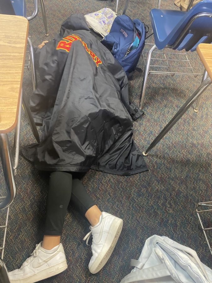 Mandy Puga '24 taking a warm nap under her fantastic Rosary parka.