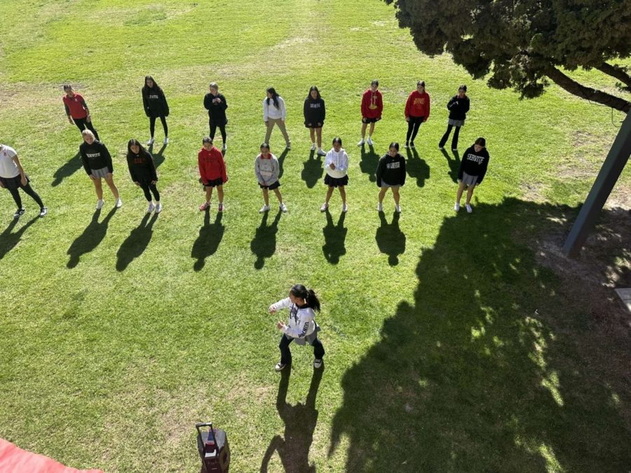 Gold drill captain Emma Oskorus teaches her drill to her Rosary sisters. (Photo provided by Molly Muse)