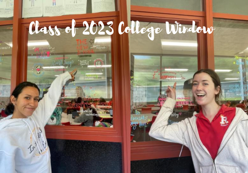 Kate Rosales '23 and Allison LIllestol '23 smiling next to their college commitments! (Photo credit: Cadiz Salazar '23)