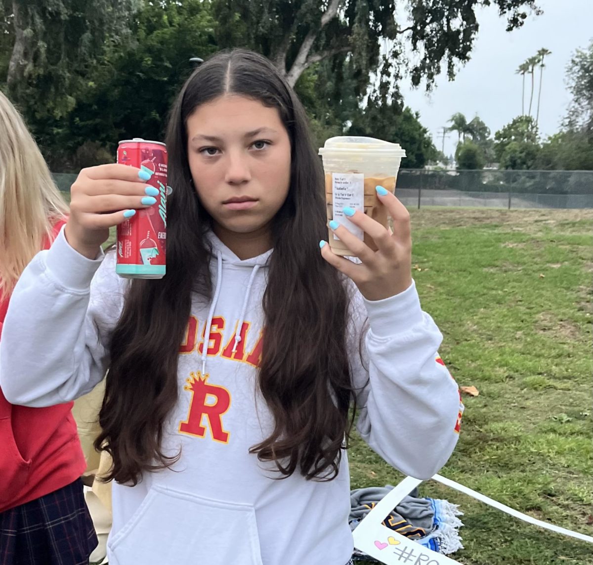 Isabella Montano '24 already preparing for senior year with an energy drink and coffee.