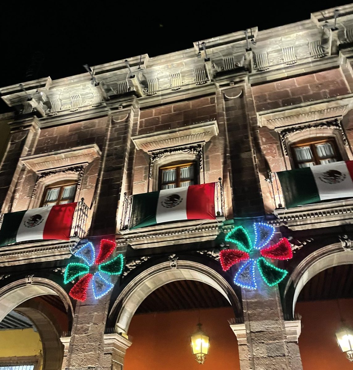 The streets of San Miguel de Allende covered in patriotic decorations during the month of September