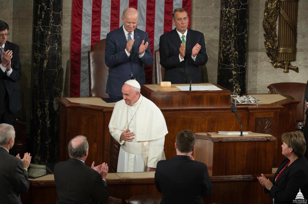 Pope Francis receiving applause after his address to congress. 