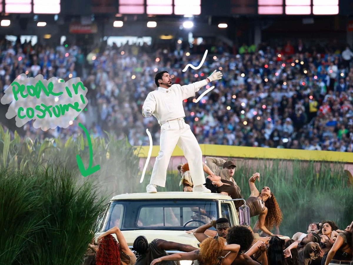 Bad Bunny put on a show with different props and scenes in his performance. 